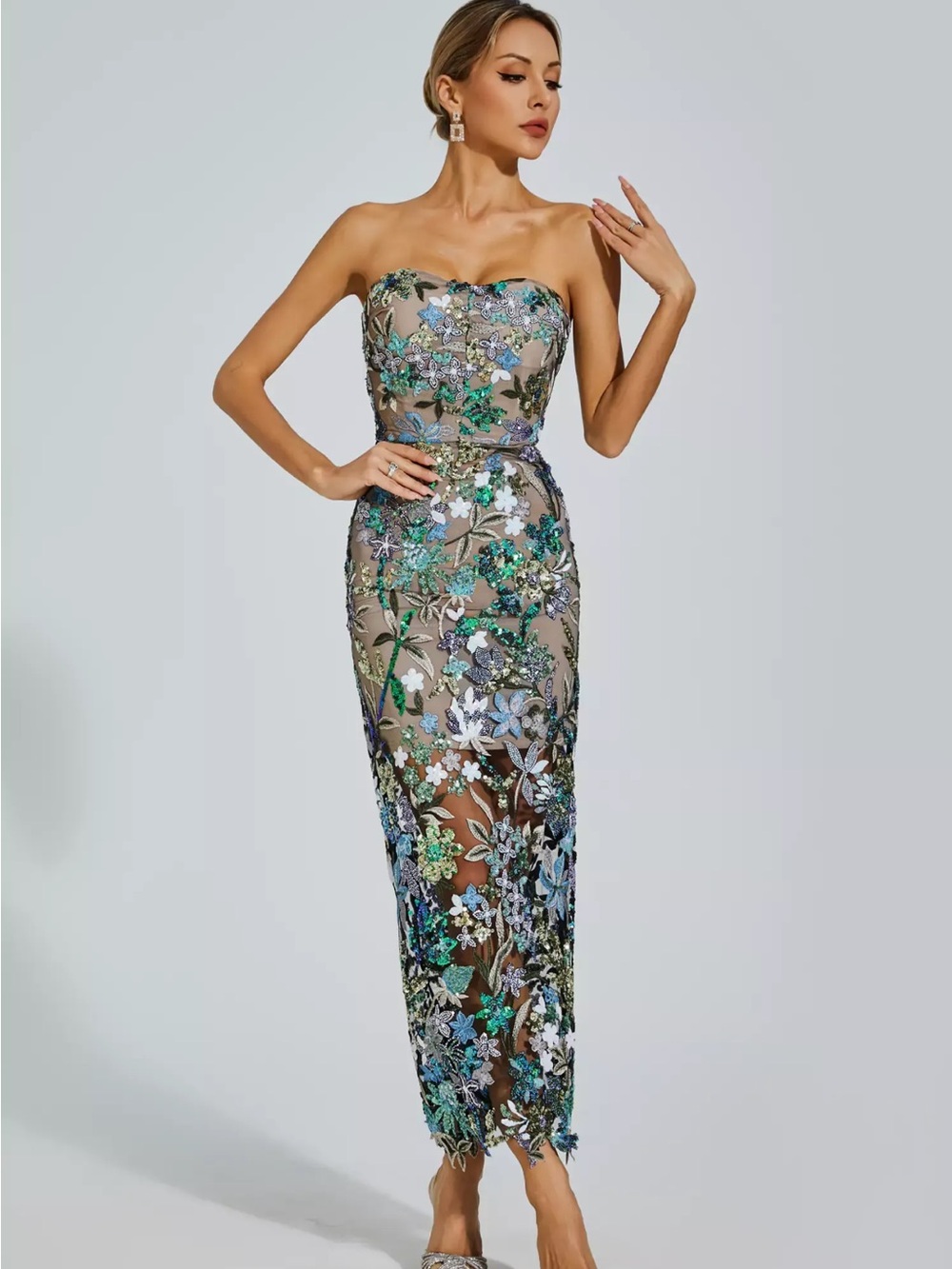 Embroidered Strapless Sheath Dress in Green & Blue Floral